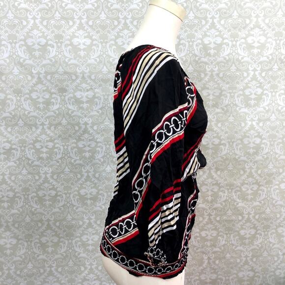 WHBM Small Womens Black Red Silk Chain Print Peasant Blouse - Picture 3 of 5